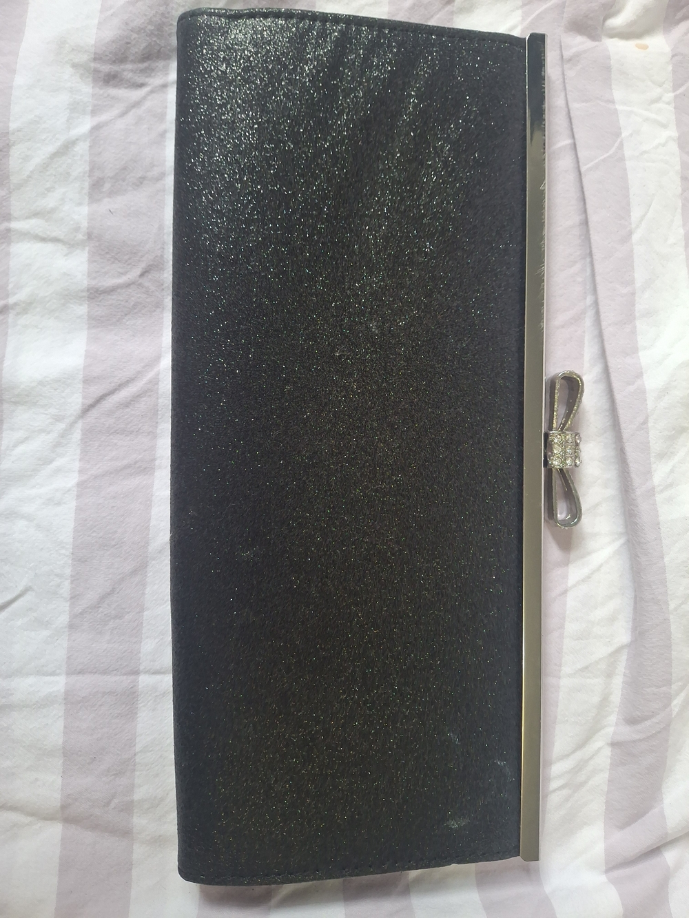 INC International Concepts Black Satin Clutch with Rhinestone Bow Accent